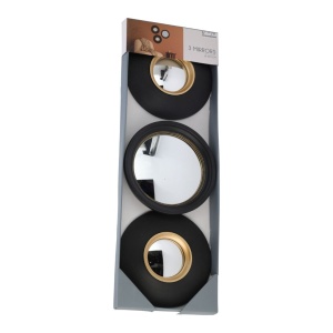 Set 3 oglinzi rotunde, decorative, cu rame negre și detalii aurii, 25.5 cm