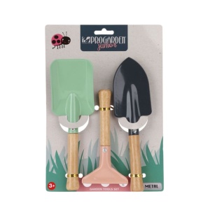 Set 3 unelte de grădinărit din metal și lemn pentru copii, culori pastel, 20 cm