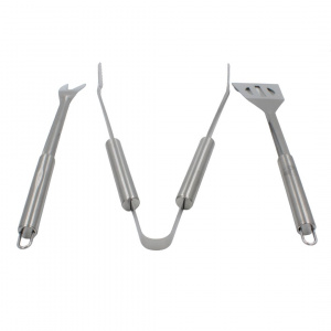 Set 3 ustensile pentru grătar – inox, 35 cm: spatulă, furculiță și clește