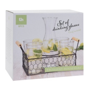 Set 4 pahare din sticlă, cu carafă și suport metalic, 6 piese, Excellent Houseware