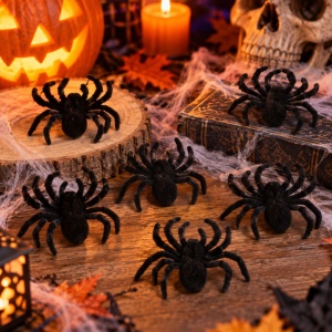 Set 6 păianjeni decorativi pentru Halloween, aspect catifelat, negri, 7 cm