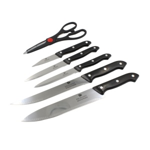 Set cuțite Excellent Houseware, 5 cuțite, foarfecă și suport din lemn