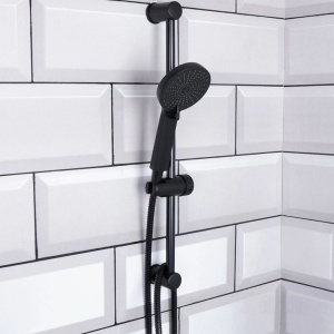 Set de duș complet, negru mat, cu pară de duș 3 funcții Ø11 cm, furtun inox 150 cm și bară reglabilă 60 cm