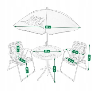 Set de grădină pentru copii, JUMI, masă + 2 scaune + umbrelă, model OM-258631, dinozauri
