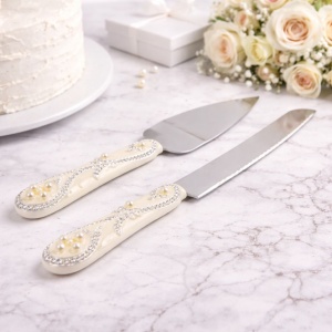 Set tăiere tort AZAY cuțit 32 cm și spatulă 26 cm, design elegant cu perle și strasuri, set servire tort premium, cadou nuntă/botez