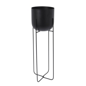 Set două ghivece decorative pentru plante și flori, din metal negru, cu picioare înalte și subțiri