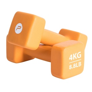 Set gantere neopren 2x4 kg Pure 2 Improve – capete pătrate, portocaliu și ambalaj premium