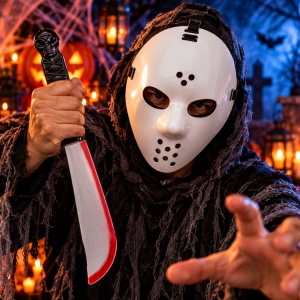 Set mască de Halloween și cuțit decorativ cu mâner schelet, alb/negru, accesoriu costum