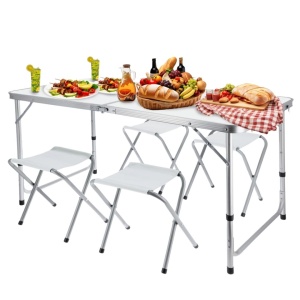 Set mobilier de camping pliabil, Jumi, alb, masă cu picioare reglabile și 4 tabureți