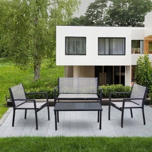 Set mobilier de grădină Jumi, canapea, 2 fotolii și măsuță de cafea, oțel și textilenă, gri