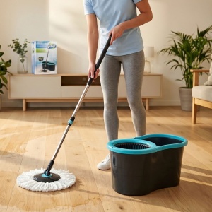 Set mop rotativ cu găleată 14 L, Ultra Clean, sistem Spin, mop din poliester și inox 110 cm, turcoaz/negru