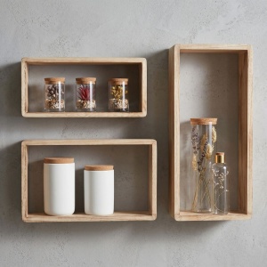 Set of 3 natural wood decorative wall shelves, 23/26/28.5 x 12 cm