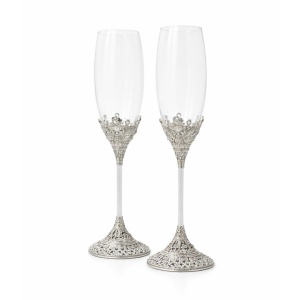 Set pahare șampanie AZAY argintiu vintage cu cristale, 26.9 cm, pahare flute elegante, cadou premium cu cutie și tissue paper