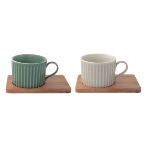 Set porțelan 2 căni 250ml și farfurii lemn acacia verde/gri - Img 1