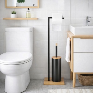 Suport pentru hârtie igienică, Jumi, cu perie WC, metal și bambus, culoare negru