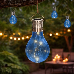 Transparent blue bulb-shaped solar lamp, LED, for garden, patio and outdoor use