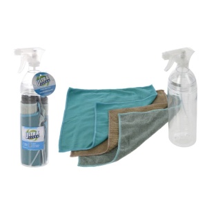 Set Ultra Clean recipient cu pulverizator și 3 lavete din microfibră, 30X30cm, 750 ml