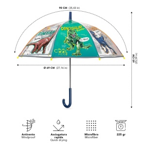 Umbrelă manuală, Perletti, transparentă POE, model dinozauri, cu elemente reflectorizante, colecția Cool Kids, 65 cm