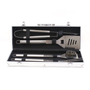 Set ustensile pentru grătar BBQ, 4 piese din inox, cu valiză din aluminiu, 43 cm