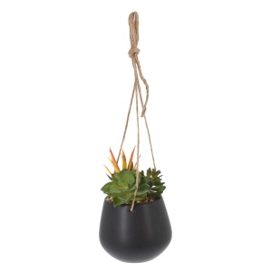 Plantă artificială suspendată cu mix de suculente, în ghiveci ceramic negru 16 cm, cu agățătoare din sfoară