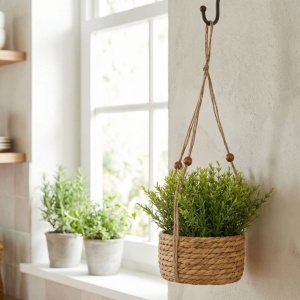 Plantă artificială Rozmarin 11 cm în ghiveci suspendat tip coș împletit, cu agățătoare – decor rustic cu plante aromatice pentru interior
