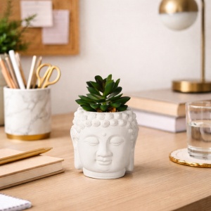 Artificial succulent plant in a cement pot (12.5 cm), Buddha head statue shape, white and green