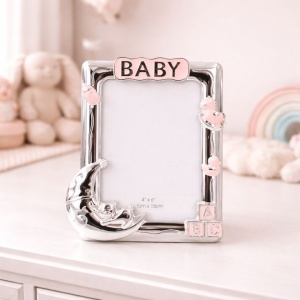 BABY AZAY Pink Photo Frame with Decorative Elements, 10x15 cm, Photo Frame for Baby Girls, Christening / Newborn Gift, Gift Box Included