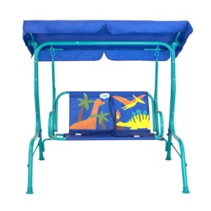 Balansoar de grădină pentru copii cu acoperiș, model Dinozauri, 2 locuri, cadru metalic, albastru, 115x74x110 cm