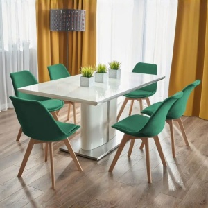 Scaun dining tapițat, BARI, Jumi, din catifea verde și picioare lemn de fag