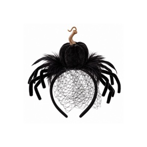 Bentiță Halloween, dovleac negru din pluș, cu codiță curbată, picioare de păianjen, pene decorative și voal din plasă neagră, accesoriu costum gothic horror