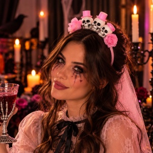 Bentiță Halloween, mireasă fantomă, cu 3 cranii decorative și pălării roz, trandafiri roz, voal lung din tul roz, accesoriu costum gothic horror