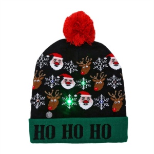 Căciulă pentru copii, cu LED-uri și pompom, CZ52, eCarla, model „HO HO HO”