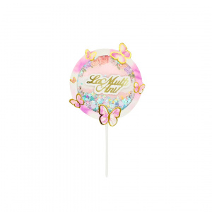 Cake Topper pentru tort cu mesaj La Mulți Ani cerc-fluturași mov