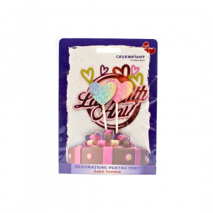 Cake Topper pentru tort cu mesaj La multi ani, cerc roz și inimioare