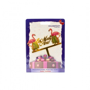 Cake Topper pentru tort cu mesaj La Mulți Ani și 2 Flamingo