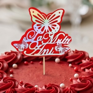 Cake Topper pentru tort cu mesaj La Mulți Ani și fluture roșu-argintiu