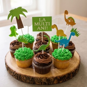 Cake Topper pentru tort, cu tematică dinozauri și mesaj La Mulți Ani