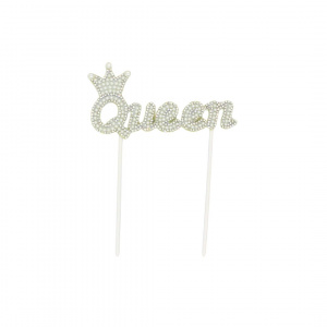 Cake Topper pentru tort cu text Queen, cu perle argintii