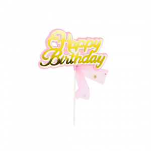 Cake Topper pentru tort model Happy Birthday cu fundiță roz