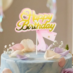 Cake Topper pentru tort model Happy Birthday cu fundiță roz