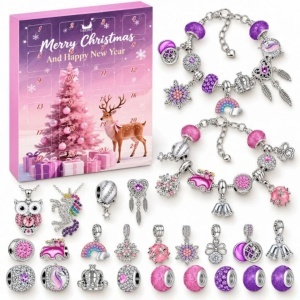 Calendar advent de Crăciun, pentru fete, 24 surprize cu bijuterii, 2 brățări, 2 coliere și charm-uri decorative, roz-mov, KA02