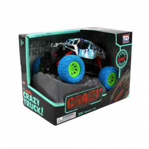Camion Monster Truck, Craniu Albastru, Mecanism Pull-Back, 15 cm, Roti Oversized, Design Extrem