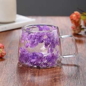 Cană cu flori uscate, pereți dubli, sticlă borosilicată, izolare termică, hortensie, 180 ml