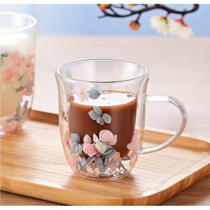 Cană cu flori uscate, pereți dubli, sticlă borosilicată, izolare termică, hortensie, 300 ml