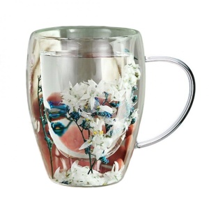 Cană cu flori uscate, pereți dubli, sticlă borosilicată, izolare termică, 300 ml