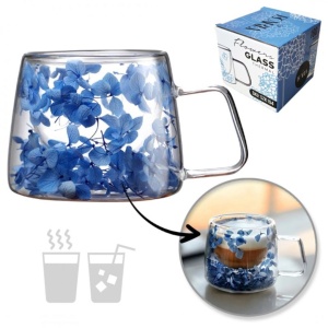 Cană cu hortensii albastre, pereți dubli, sticlă borosilicată, 180 ml, SZK154