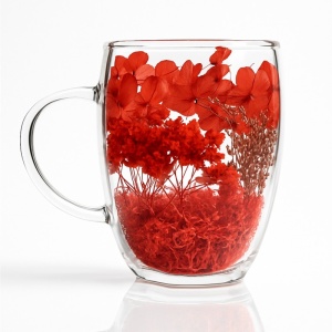 Cană cu hortensii și gypsophila roșii, pereți dubli, sticlă borosilicată, 300 ml, SZK193