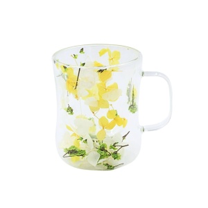 Cană cu inserție de flori uscate alb, galben și verde, hortensie și limonium, pereți dubli, sticlă borosilicată, 200 ml, Aurora Bloom