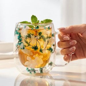 Cană cu inserție de flori uscate alb și turquoise, hortensie și limonium, pereți dubli, sticlă borosilicată, 250 ml, Aurora Bloom