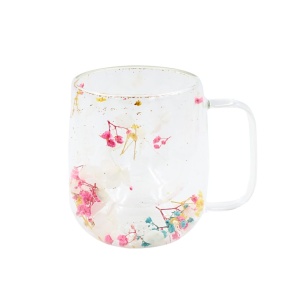 Cană cu inserție de flori uscate, hortensie alba și floarea miresei multicolor, pereți dubli, sticlă borosilicată, 250 ml, Aurora Bloom